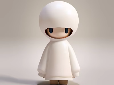 White Doll Featuring Round Head Black Eyes White Hooded Cloak and Brown Feet 3d model