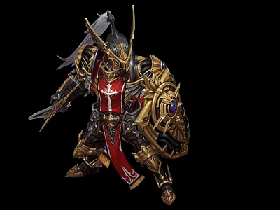 Game And Movie Character Armored Warrior With Cross Emblem Golden Armor Red Cape And Shield 3d model