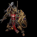 Game And Movie Character Armored Warrior With Cross Emblem Golden Armor Red Cape And Shield