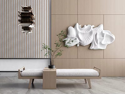 Modern Minimalist Stool Bench With Wooden Wall White Wall Decor Small Plant And Gray Floor 3d model