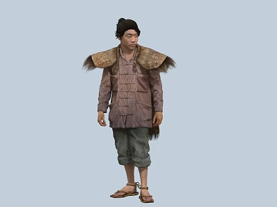 Man In Black Hat With Fur Collared Coat Button Fastenings Gray Loose Pants And Sandals 3d model