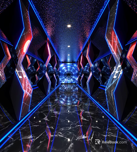 Futuristic Elevator Corridor With Neon Blue Red Lighting Geometric Patterns And Reflective Floors 3d model
