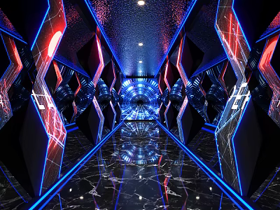 Futuristic Elevator Corridor With Neon Blue Red Lighting Geometric Patterns And Reflective Floors 3d model