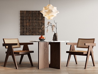 Quiet Rattan Casual Dining Table and Chair Combination Chandelier Old Wood Board Wall Decorations Vase Flower Art Round Table Rattan Dining Chair 3d model