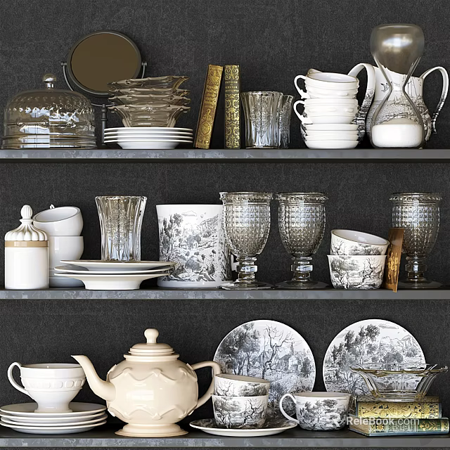 Elegant Patterned Tableware Set With Plates Cups Glasses Teapot And Sugar Bowl 3d model 