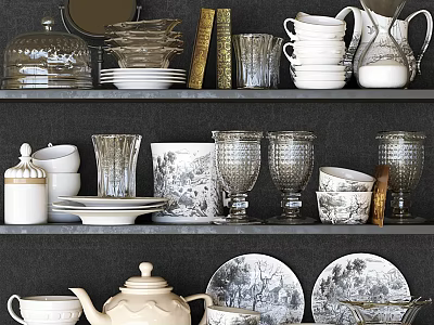 Elegant Patterned Tableware Set With Plates Cups Glasses Teapot And Sugar Bowl 3d model