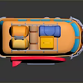 Colorful Cartoon Orange Van With Roof Rack Luggage And Red Surfboard