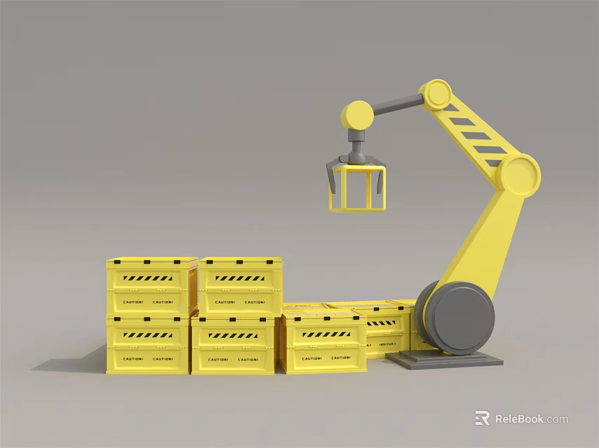 Yellow Robotic Arm Handling Stacked Yellow Boxes With Precision And Efficiency 3d model