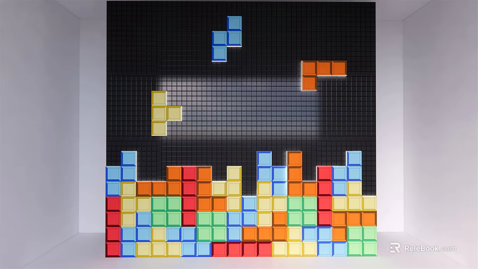 Black Grid Background Wall With Colorful Tetris Inspired Blocks And Vibrant Multicolored Design 3d model 