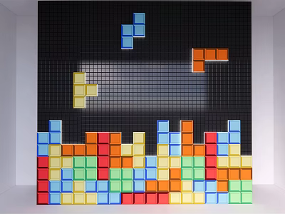 Black Grid Background Wall With Colorful Tetris Inspired Blocks And Vibrant Multicolored Design 3d model