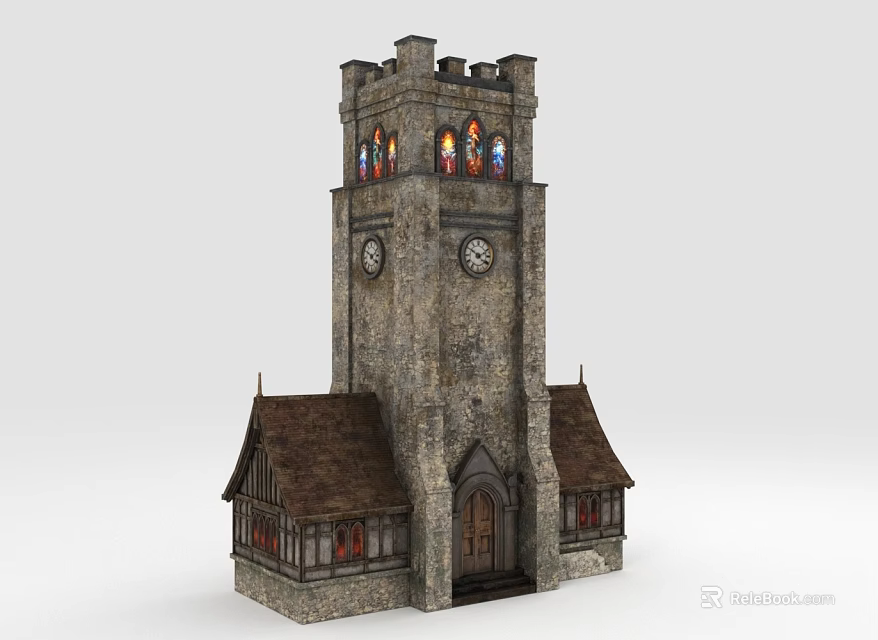 Castle Style Stone Tower Featuring Clocks Stained Glass Windows Brown Roof And Arched Wooden Door 3d model 