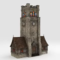 Castle Style Stone Tower Featuring Clocks Stained Glass Windows Brown Roof And Arched Wooden Door