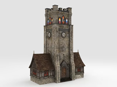 Castle Style Stone Tower Featuring Clocks Stained Glass Windows Brown Roof And Arched Wooden Door 3d model