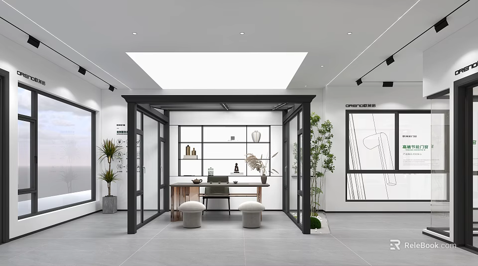 Modern Door And Window Showroom Featuring Glass Displays Plants And Lighting 3d model 