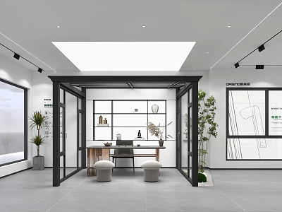 Modern Door And Window Showroom Featuring Glass Displays Plants And Lighting 3d model