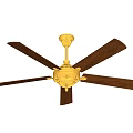 Golden Ceiling Fan With Wooden Blades And Carved Decorative Design