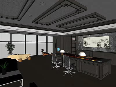 Modern Open Office Interior With Large Windows Desk Office Chairs Landscape Painting And Green Plants 3d model