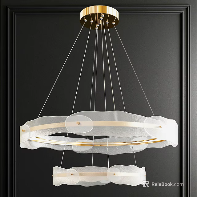 Modern White Circular Chandelier With Transparent Panels Hanging In Dark Space 3d model 