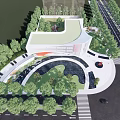 Modern Sales Office Building With Curved White Facade Glass Elements And Water Pool Reflection