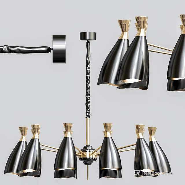 Modern Chandelier With Black Shades And Gold Accents For Interior Decor 3d model 