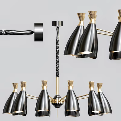 Modern Chandelier With Black Shades And Gold Accents For Interior Decor 3d model