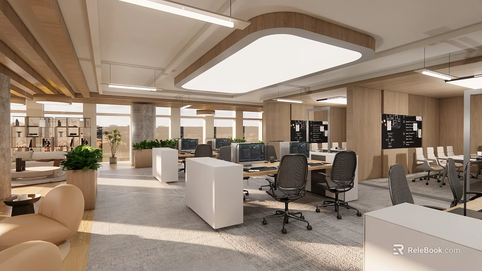 Modern Office Interior With Open Layout White Desks Black Chairs Computers And Green Plants 3d model 