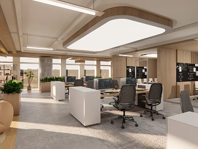 Modern Office Interior With Open Layout White Desks Black Chairs Computers And Green Plants 3d model