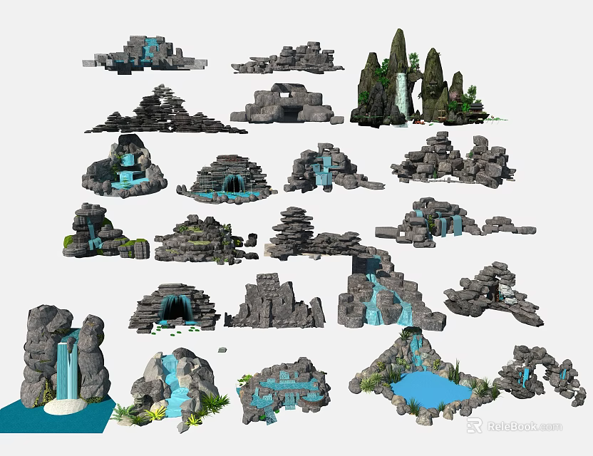 Decorative Garden Ornaments Featuring Rock Formations Waterfalls Small Ponds And Lush Green Plants 3d model 
