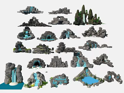 Decorative Garden Ornaments Featuring Rock Formations Waterfalls Small Ponds And Lush Green Plants 3d model
