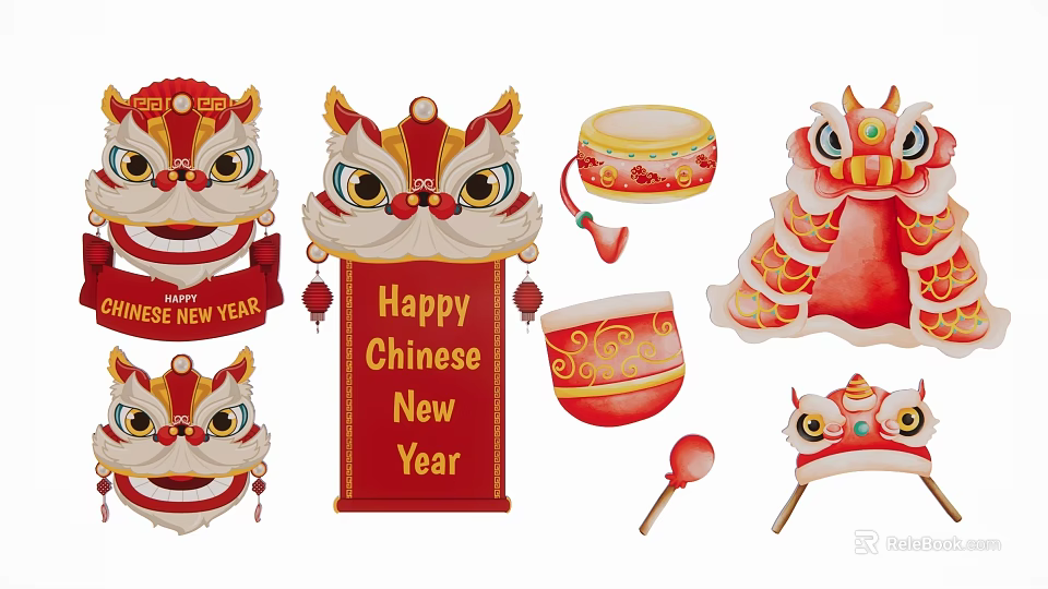 Festive Chinese New Year Silhouette Decorations With Lion Dance Heads Banner And Drum Props 3d model 