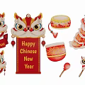 Festive Chinese New Year Silhouette Decorations With Lion Dance Heads Banner And Drum Props