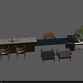 Modern Tea Table and Chairs Set With Marble Top Potted Plant And Table Lamp