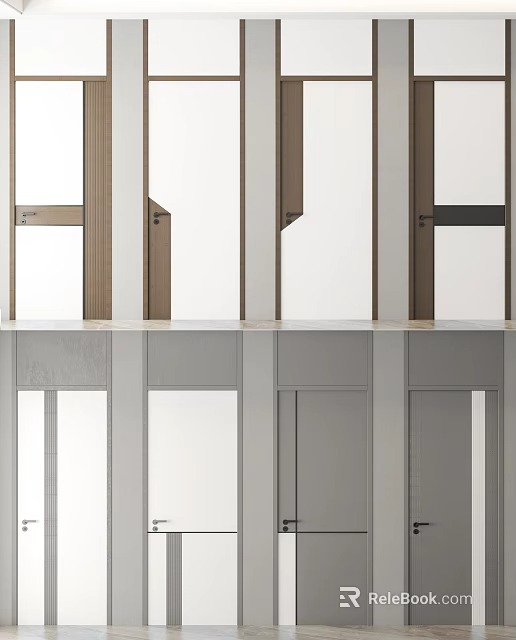 Modern Hinged Doors Featuring Wooden Frames Glass Inserts And Gray Panels 3d model