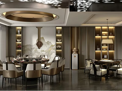 Modern Luxury Chinese Private Dining Room With Round Table Pendant Light Tableware Bookshelves Decorative Painting 3d model