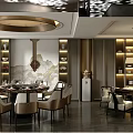 Modern Luxury Chinese Private Dining Room With Round Table Pendant Light Tableware Bookshelves Decorative Painting