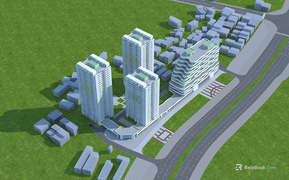 Modern Twin Tower Hotel Building With Green Surroundings And Nearby Roads 3d model 