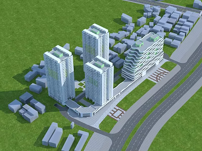 Modern Twin Tower Hotel Building With Green Surroundings And Nearby Roads 3d model