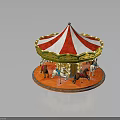 Children Riding Colorful Carousel With Red White Striped Canopy And Golden Decorations