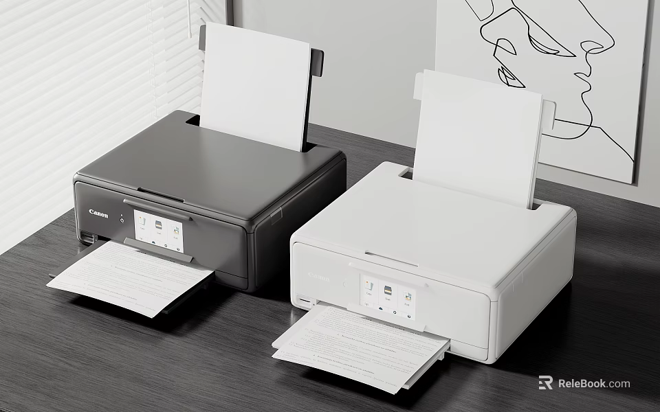 Black And White Compact Printers On Desk With Paper Output Sheets 3d model 