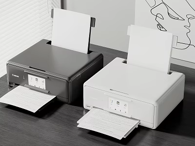 Black And White Compact Printers On Desk With Paper Output Sheets 3d model