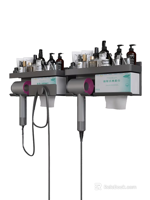 Organized Bathroom Storage Shelf With Two Hairdryers Tissue Box And Various Toiletries 3d model 