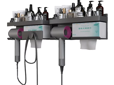 Organized Bathroom Storage Shelf With Two Hairdryers Tissue Box And Various Toiletries 3d model