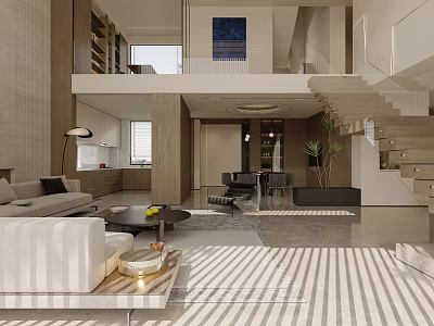Modern Loft Living Room With Sofa Staircase And Plants 3d model