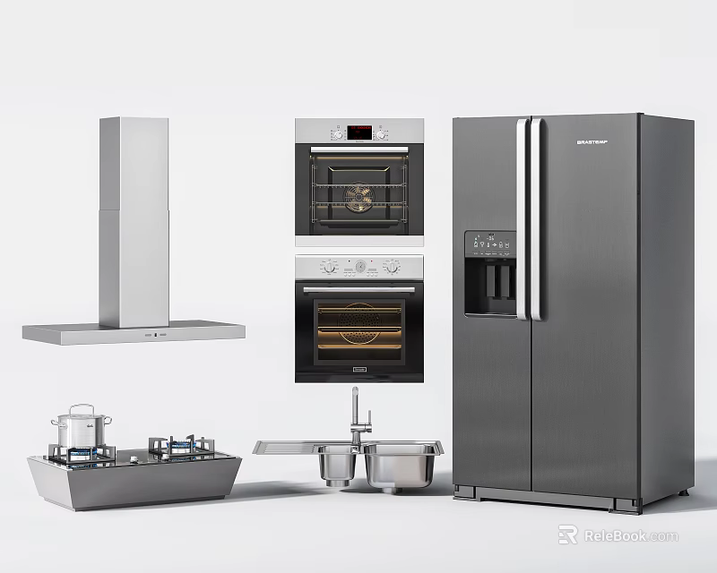 Sleek Modern Kitchen Appliances With Stainless Steel Range Hood Ovens And Refrigerator 3d model 