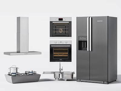 Sleek Modern Kitchen Appliances With Stainless Steel Range Hood Ovens And Refrigerator 3d model