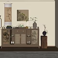 Traditional Chinese Entryway Cabinet And Side Cabinet With Vase Plants Scroll Painting And Lantern Decor