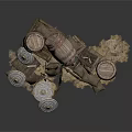 Medieval Vintage Scene Components With Wooden Barrels Crates Shields And Sacks