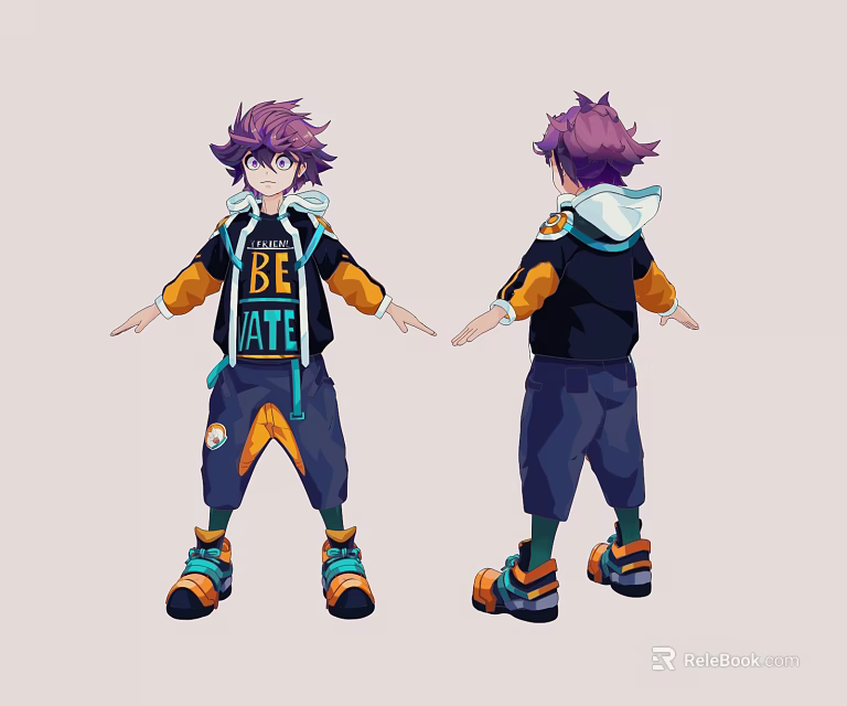 Game Character with Purple Spiky Hair Black Hoodie and Colorful Outfit Front Back Views 3d model 