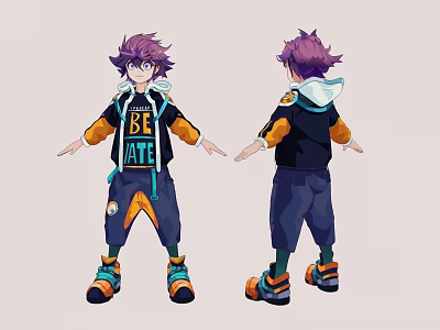 Game Character with Purple Spiky Hair Black Hoodie and Colorful Outfit Front Back Views 3d model