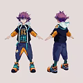 Game Character with Purple Spiky Hair Black Hoodie and Colorful Outfit Front Back Views